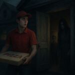 “Terrified pizza delivery boy holding a pizza box outside a dark, abandoned house at night, while a ghostly woman with hollow eyes and a pale child stand silently inside the dimly lit doorway, creating a chilling horror atmosphere.”