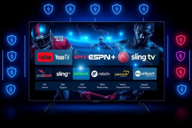 “Hero image showing legal sports streaming platforms like YouTube TV, ESPN+, FuboTV, Sling TV, and Peacock displayed on a modern TV screen with HD sports icons, representing safe alternatives to 720pstream.”