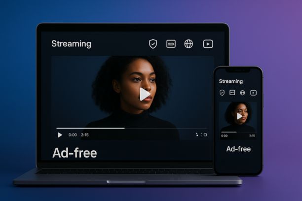 “Laptop and smartphone showing a minimalist, ad-free streaming dashboard against a blue-purple gradient background.”