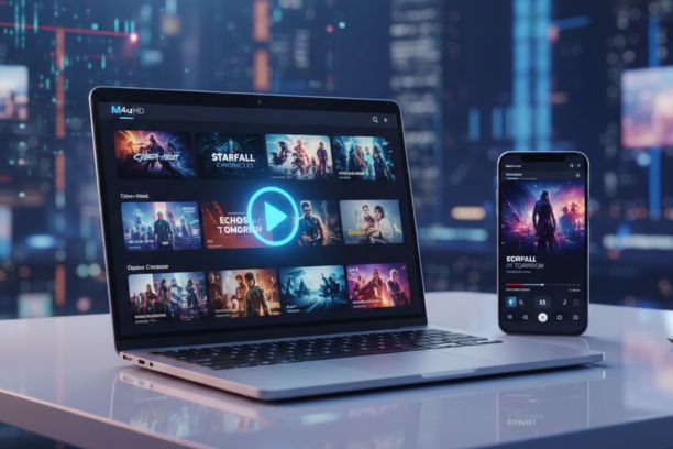 HD streaming dashboard on a laptop and smartphone showing movie thumbnails with M4uHD branding, highlighting free streaming, security risks, and copyright warnings