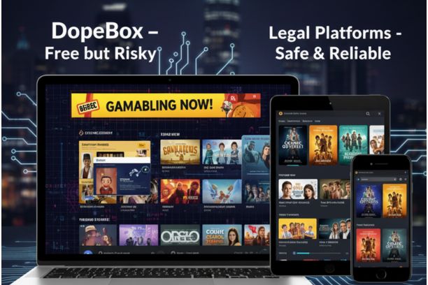 “Comparison of DopeBox free streaming platform with ads and pop-ups versus safe legal streaming platforms on laptop, tablet, and smartphone.”