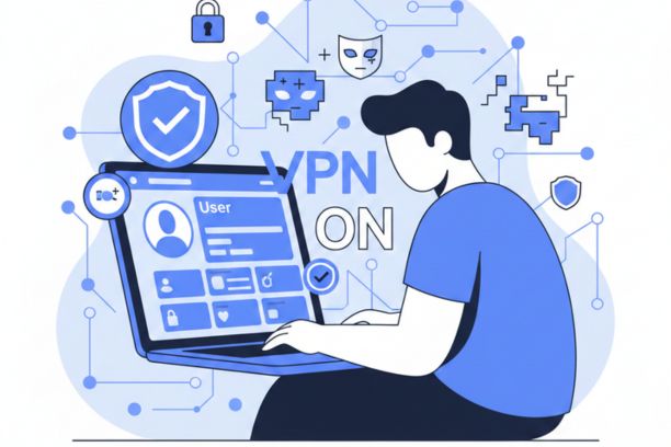 “Illustration of a user anonymously watching TikTok videos on a laptop with privacy and shield icons.”