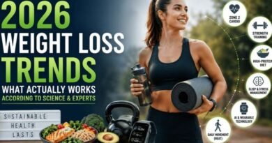 Hero banner for '2026 Weight Loss Trends' featuring a fit woman holding a yoga mat and water bottle, alongside healthy foods, a smartwatch, and fitness icons highlighting strength training, high-protein diet, Zone 2 cardio, sleep, daily movement, and wearable technology