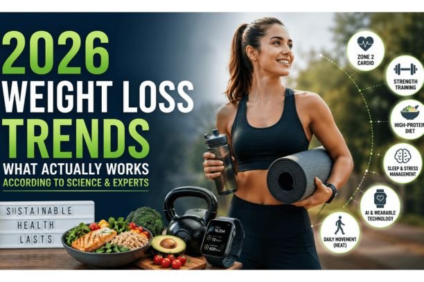 Hero banner for '2026 Weight Loss Trends' featuring a fit woman holding a yoga mat and water bottle, alongside healthy foods, a smartwatch, and fitness icons highlighting strength training, high-protein diet, Zone 2 cardio, sleep, daily movement, and wearable technology