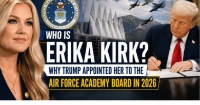 “Erika Kirk alongside Donald Trump and Air Force Academy visuals representing her 2026 appointment to the U.S. Air Force Academy Board of Visitors, with fighter jets and academy backdrop in a news-style banner.”