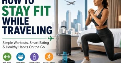 Woman performing a lunge workout in a hotel room while traveling, with luggage, healthy food, and fitness equipment nearby. The image highlights practical ways to stay fit while traveling through exercise, healthy eating, hydration, and active lifestyle habits.