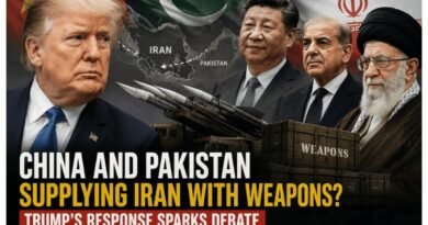 Illustration depicting reports of China and Pakistan supplying Iran with weapons, featuring Donald Trump, Xi Jinping, Pakistan's leadership, Iran's Supreme Leader, missiles, and a regional map highlighting the ongoing US-Iran conflict.