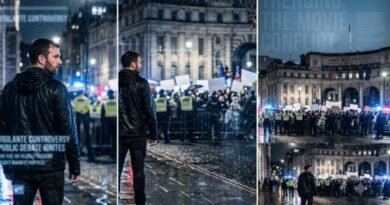 Cinematic illustration of a lone man facing police and protesters on a rainy European city street, symbolizing the controversy surrounding the political thriller Citizen Vigilante."