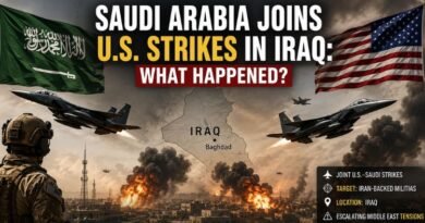 Saudi Arabia joins U.S. military strikes in Iraq, with fighter jets, explosions, Iraqi map, and Saudi and American flags illustrating escalating Middle East tensions.