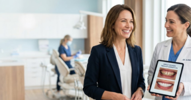 Cosmetic dentist discussing smile makeover options with a patient while displaying before and after results on a tablet