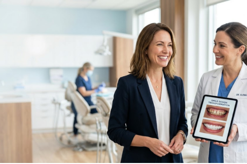 Cosmetic dentist discussing smile makeover options with a patient while displaying before and after results on a tablet
