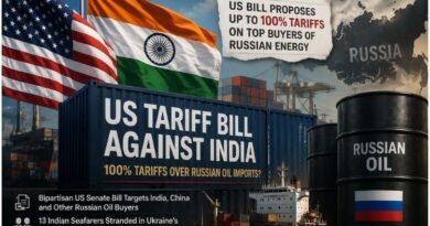 US tariff bill against India illustration featuring the US and Indian flags, cargo containers, a cargo ship, Russian oil barrels, and a proposed 100% tariff on Russian energy buyers, highlighting India-US trade tensions and Black Sea shipping risks.