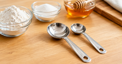 Stainless steel tablespoon and teaspoon placed side by side on a wooden kitchen countertop, with bowls of flour, sugar, and honey in the background.