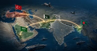 Cinematic geopolitical map of South Asia and the Middle East highlighting Bangladesh, Pakistan, Saudi Arabia and Türkiye with national flags and glowing strategic connection lines, while India is prominently shown in the region; subtle fighter jets and naval vessels create a professional international-news backdrop for the Bangladesh Makkah Defence Pact.