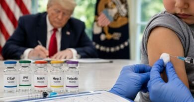 Trump childhood vaccine order with child vaccination and vaccine vials