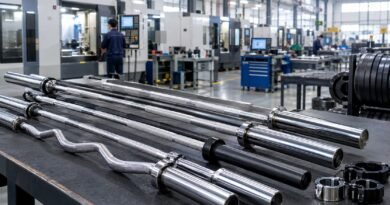 Chinese barbell manufacturers showcasing premium Olympic barbells, precision-machined steel shafts, textured knurling, polished sleeves, and CNC equipment inside a modern fitness-equipment factory.