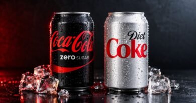 Coke Zero Sugar and Diet Coke cans side by side with condensation and ice on a glossy dark surface, highlighting the visual comparison between the two soft drinks.