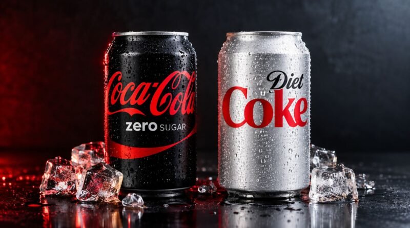Coke Zero Sugar and Diet Coke cans side by side with condensation and ice on a glossy dark surface, highlighting the visual comparison between the two soft drinks.