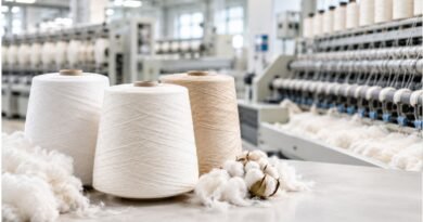 “Combed Cotton Yarn cones with fine cotton fibers in a modern textile spinning and combing facility, showcasing smooth yarn texture and the cotton yarn manufacturing process.”