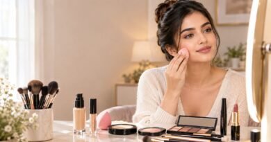 “How to Do Makeup Step by Step with a woman applying foundation at a makeup vanity”