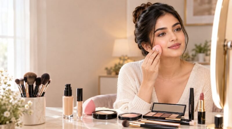“How to Do Makeup Step by Step with a woman applying foundation at a makeup vanity”