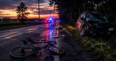 Damaged dark SUV and broken bicycles on a quiet rural New Jersey road at dusk, with scattered debris and distant emergency vehicles flashing red and blue lights beneath a dramatic sunset.