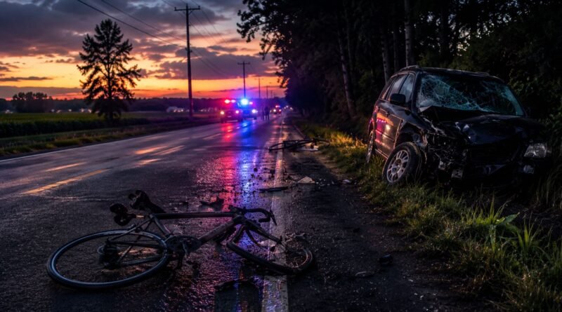 Damaged dark SUV and broken bicycles on a quiet rural New Jersey road at dusk, with scattered debris and distant emergency vehicles flashing red and blue lights beneath a dramatic sunset.