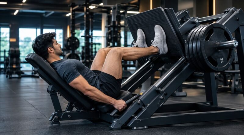 Athletic adult performing a controlled Focused Leg Press on a modern 45-degree leg press machine in a premium gym.