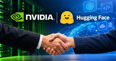 Nvidia buys Hugging Face for $13 billion with a business handshake symbolizing the AI acquisition, featuring Nvidia servers and Hugging Face's developer platform in the background.