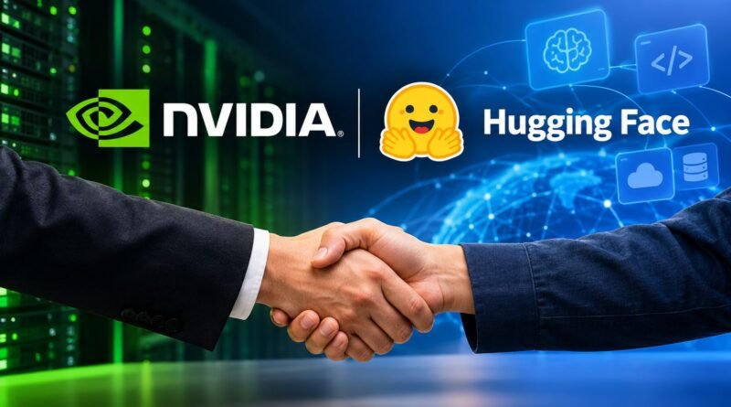 Nvidia buys Hugging Face for $13 billion with a business handshake symbolizing the AI acquisition, featuring Nvidia servers and Hugging Face's developer platform in the background.