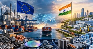 European and Indian flags overlooking interconnected factories, cargo ships, shipping containers, technology manufacturing, critical minerals, semiconductors, batteries, and global trade routes, symbolizing Europe-India economic and strategic supply-chain cooperation.