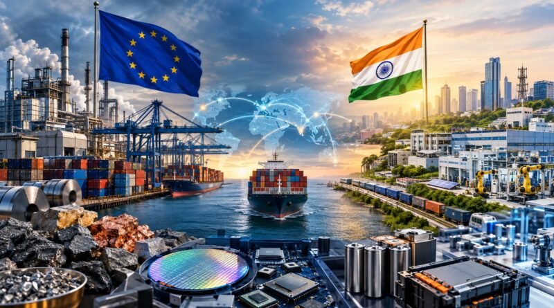 European and Indian flags overlooking interconnected factories, cargo ships, shipping containers, technology manufacturing, critical minerals, semiconductors, batteries, and global trade routes, symbolizing Europe-India economic and strategic supply-chain cooperation.