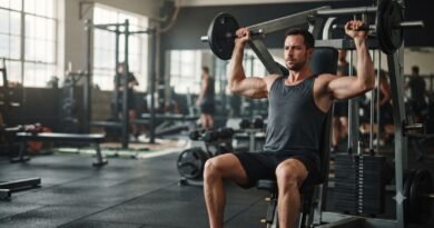 Fit man performing seated shoulder press machine in modern gym, Upper body workout, Cinematic fitness photography, Natural light gym interior.