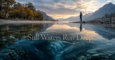 Cinematic mountain river at golden hour with calm reflective water, visible deep underwater currents, misty mountains, and a solitary person on the riverbank, overlaid with the phrase “Still Waters Run Deep.”