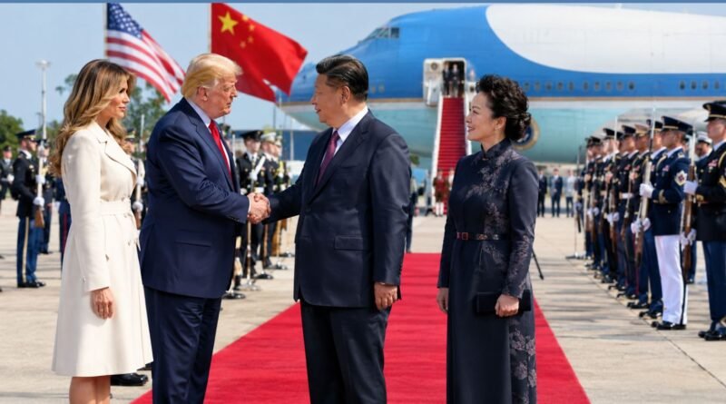 Donald Trump welcomes Xi Jinping during an official state visit at Joint Base Andrews.