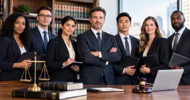 Types of Lawyers – diverse team of professional lawyers and attorneys standing in a modern law office with legal books, scales of justice, gavel, and laptop.