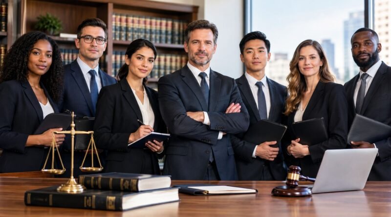 Types of Lawyers – diverse team of professional lawyers and attorneys standing in a modern law office with legal books, scales of justice, gavel, and laptop.
