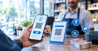 India’s UPI payment system with a smartphone QR payment interface, merchant QR stand, and digital transaction fee concept highlighting UPI Charges.