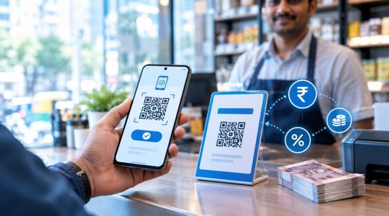 India’s UPI payment system with a smartphone QR payment interface, merchant QR stand, and digital transaction fee concept highlighting UPI Charges.