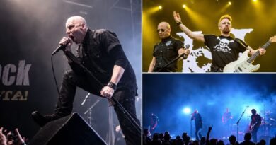 Headstones Hugh Dillon performing live on stage with bandmates, guitars, drums, concert lighting, and a cheering crowd in a dramatic rock concert setting