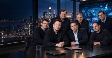 PayPal Mafia founders and investors gathered in a futuristic Silicon Valley boardroom, symbolizing the influential technology and venture capital network.