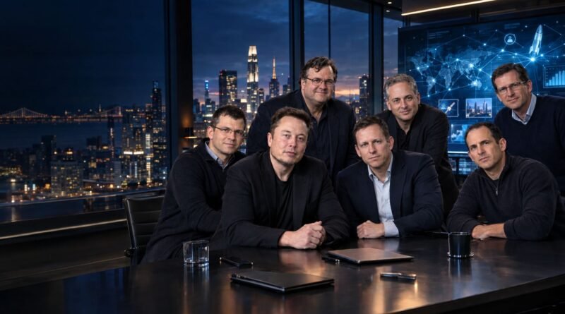 PayPal Mafia founders and investors gathered in a futuristic Silicon Valley boardroom, symbolizing the influential technology and venture capital network.
