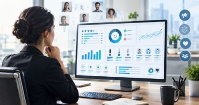 Marketing researcher analyzing surveys for brands, including consumer sentiment, brand perception, preferences, and competitor comparisons on a digital analytics dashboard in a modern office.