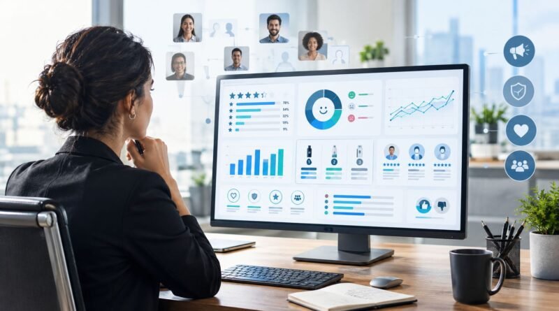 Marketing researcher analyzing surveys for brands, including consumer sentiment, brand perception, preferences, and competitor comparisons on a digital analytics dashboard in a modern office.