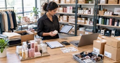 Small-business owner managing inventory and product orders at a workstation in a modern warehouse, representing a wholesale business.
