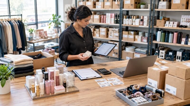 Small-business owner managing inventory and product orders at a workstation in a modern warehouse, representing a wholesale business.