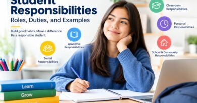 Student responsibilities guide showing a student studying at a desk, with icons highlighting academic, classroom, personal, social, and school/community responsibilities.