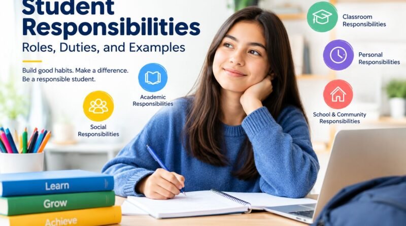 Student responsibilities guide showing a student studying at a desk, with icons highlighting academic, classroom, personal, social, and school/community responsibilities.